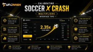 Soccer X Crash interface showing multiplier curve tracking, payout settings, and launch panel metrics on Funcrash.