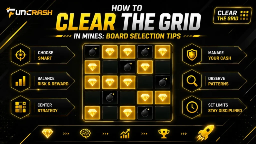 Mines board with safe tile selections, flags, and risk level parameters on Funcrash.