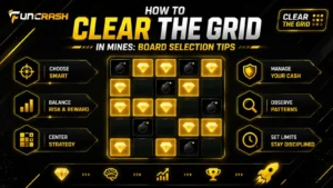 Mines board with safe tile selections, flags, and risk level parameters on Funcrash.
