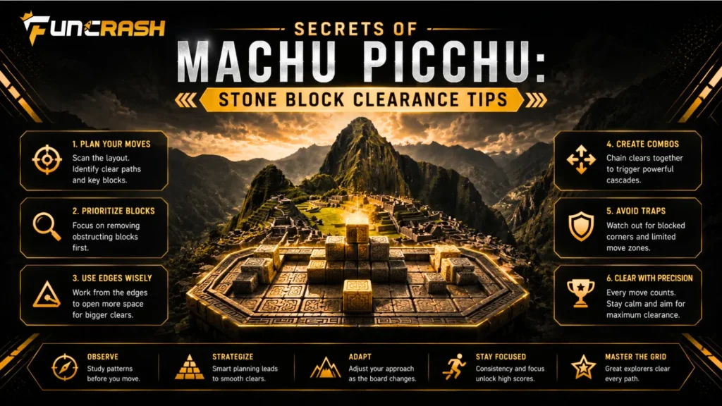 Secrets of Machu Picchu gameplay showing stone block clearance, cascading reels, expanding reels, and Lucky Llama bonus feature.